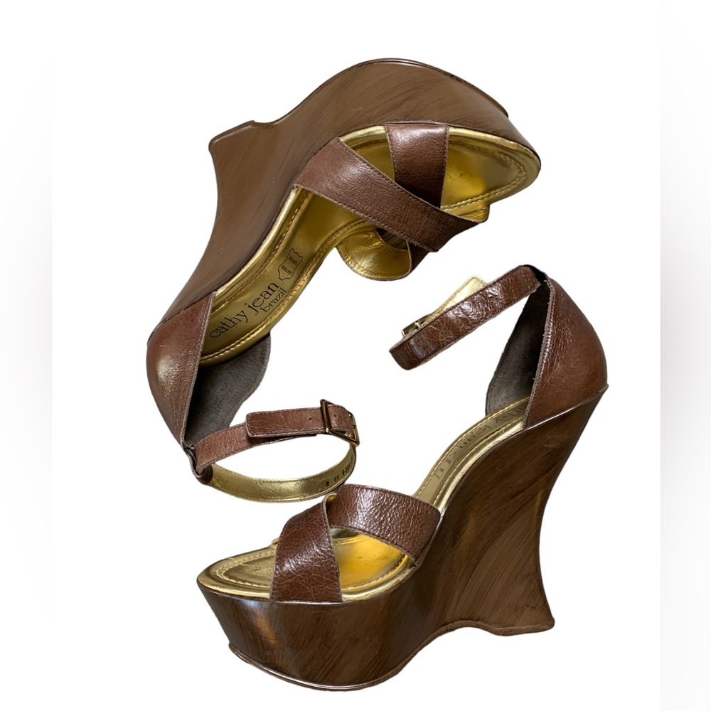 Cathy Jean Brown Leather Platform Wedge Sandals Wood Look 6 Inch Heel Brazil 9